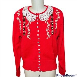 Vintage Cottage Core Knit Cardigan embroidered flowers lace collar Medium